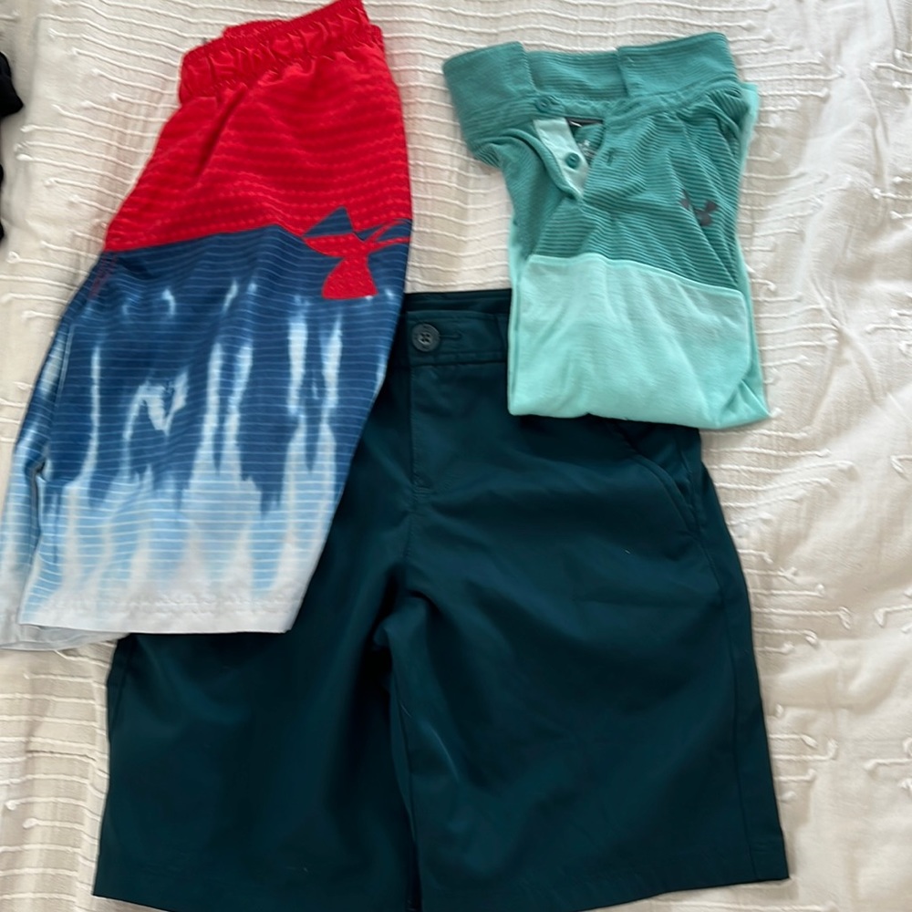Boys Under Armour Summer (large bathing suit,sz 10 golf shorts,size large shirt)